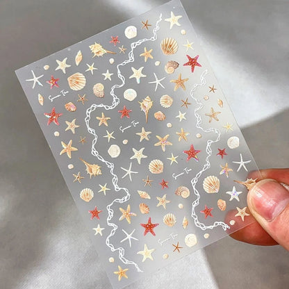 1pc Shell Light Starfish Shell Nail Stickers Cute Starfish Decorative Stickers For Nails DIY 3D Self Adhesive Summer Nail Decals