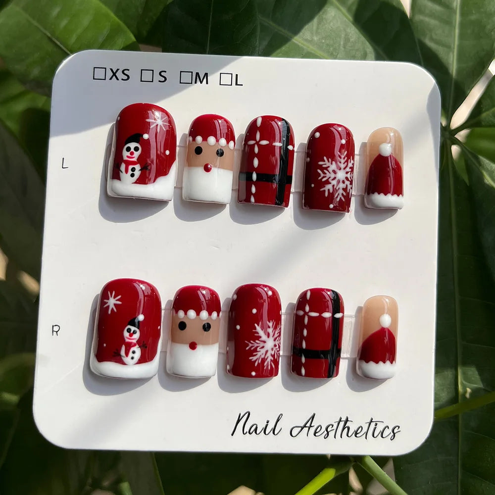 Handmade Short Square Press On Nails Christmas False Nails with Santa Claus Snowman Snowflake Design Reusable 10Pcs Xmas Party