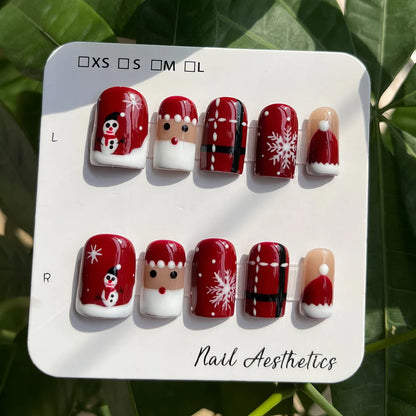 Handmade Short Square Press On Nails Christmas False Nails with Santa Claus Snowman Snowflake Design Reusable 10Pcs Xmas Party