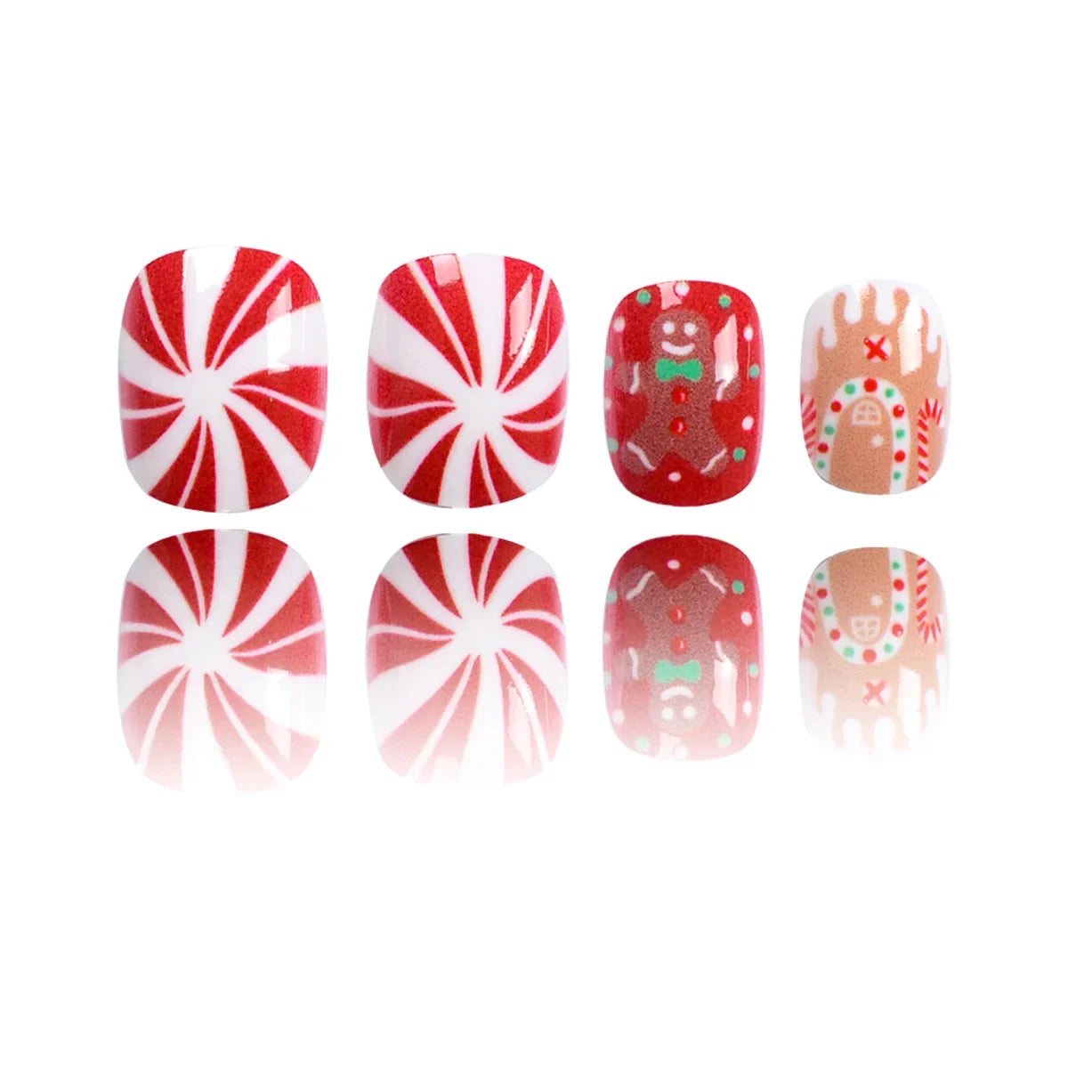 24Pcs Short Oval Press-On Nails - Cute Gingerbread & Candy Cane Christmas Designs, Perfect for Holiday Parties for Women&Girls