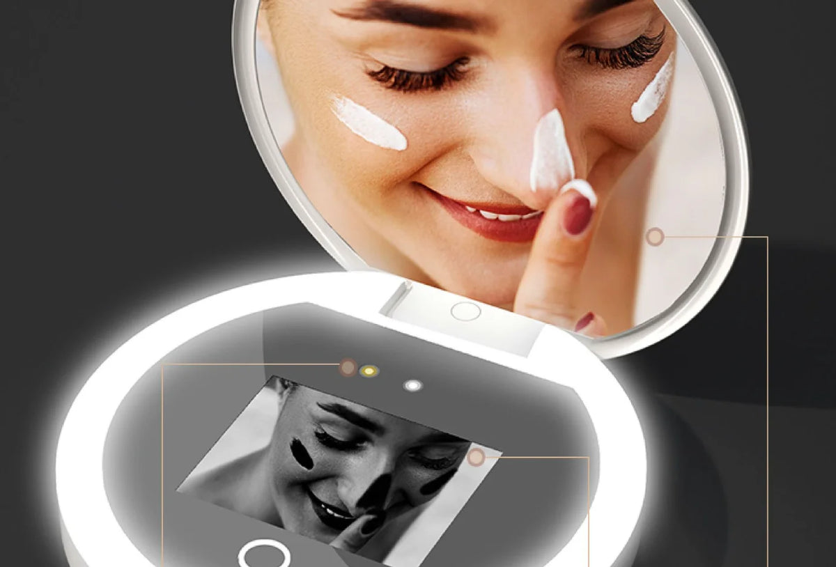 HTMCK LED & UV Visual Function Multifunctional Makeup Mirror Portable Sunscreen Detector Compact Travel Size Makeup Mirror