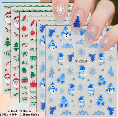 3 to 12 Sheets 3D Christmas Santa Snowman Reindeer Tree Snowflake Lights Gnome Self-Adhesive Nail Art Stickers