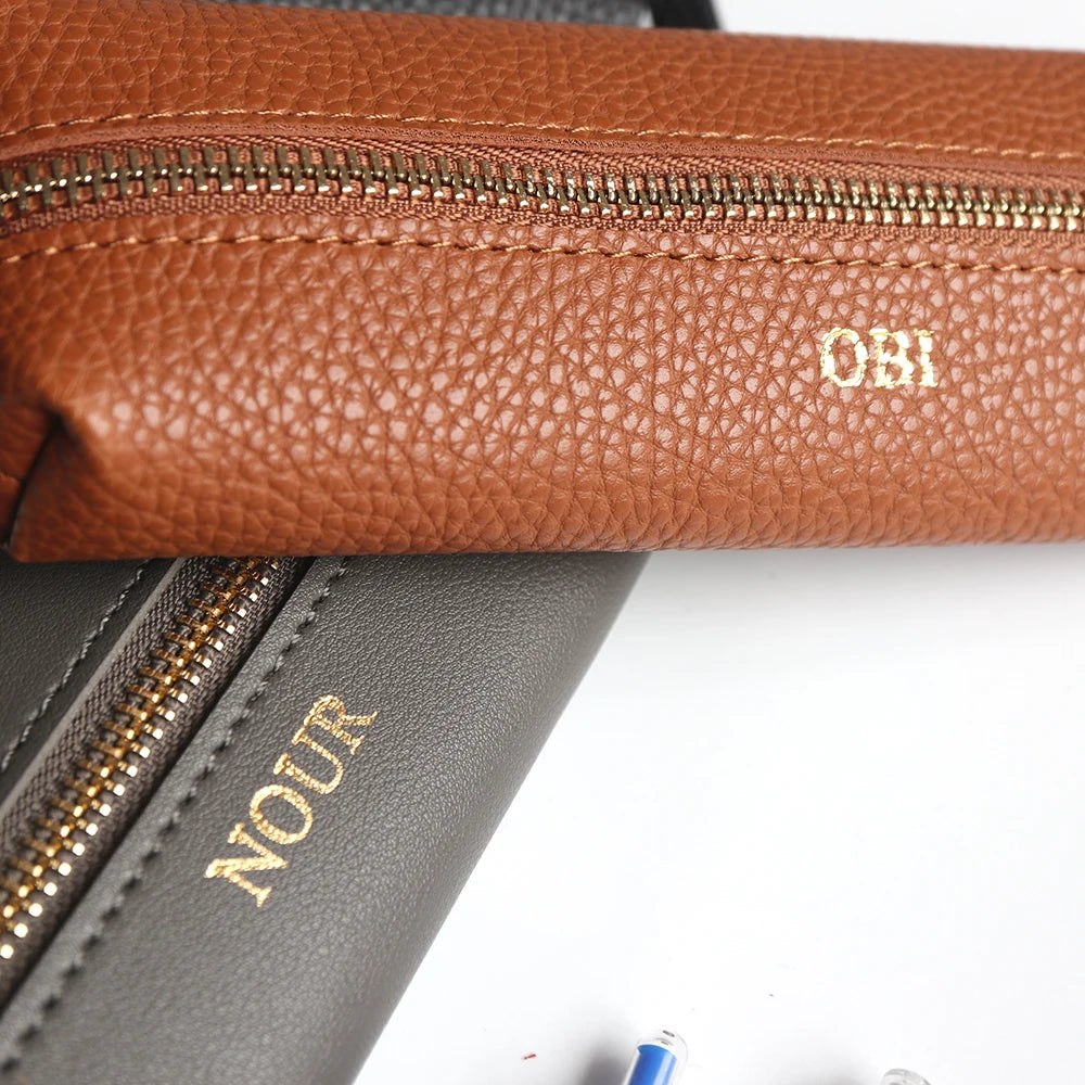 Travel Luxury PU Leather Engrave Name Cosmetic Bag Zipper Fashion Small Make Up Bag Business Pen Pouch Versatile Storage Bags