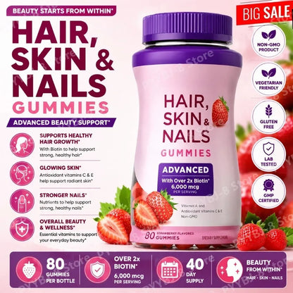 Biotin Gummie Strawberry Flavor with 6000Mcg Biotin & Vitamin Support Healthy Hair Skin and Nails 80pcs Nutritional Supplement