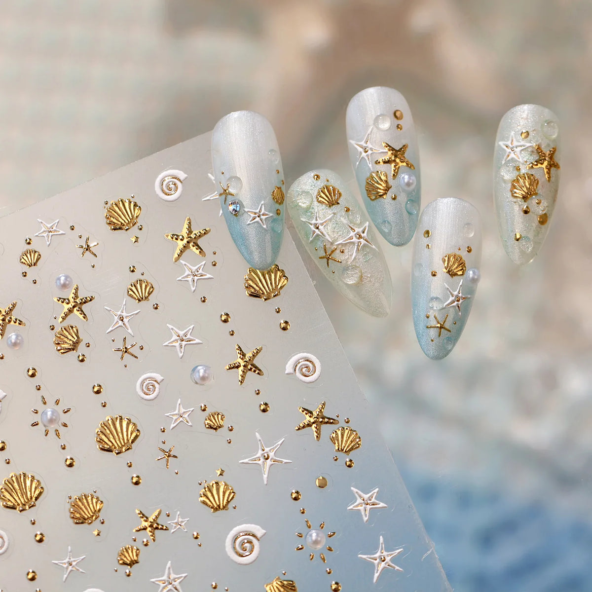Gold Stamped Shell Conch Scallop Starfish Pearl 5D Embossed Self Adhesive Nail Art Stickers Delicate Ocean Style Manicure Decals