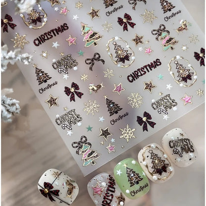 Leopard Print Christmas Tree Nail Art Stickers Golden Lines Butterfly Knots Stars Snowflakes Letters Nail Decoration Sticker DIY