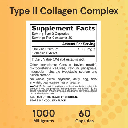 Type II Collagen Complex 500mg - Dietary Supplement To Support Skin and Joints - Derived From Chicken Breast Cartilage