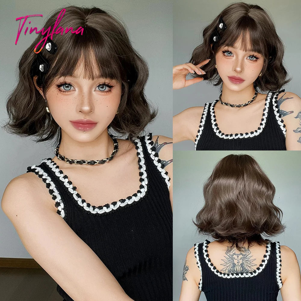 Curly Short Bob Brown Wavy Synthetic Wigs with Bangs Lolita Cosplay Brown Wig for Women Natural Daily Party Hair Heat Resistant