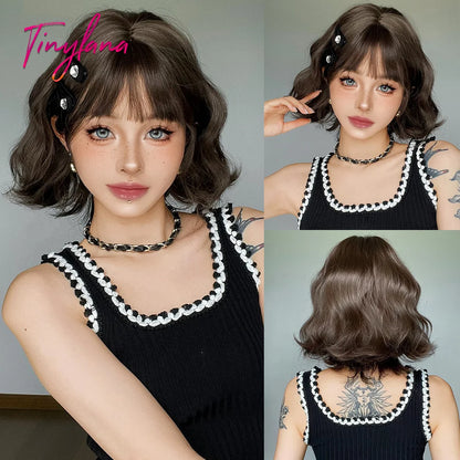 Curly Short Bob Brown Wavy Synthetic Wigs with Bangs Lolita Cosplay Brown Wig for Women Natural Daily Party Hair Heat Resistant