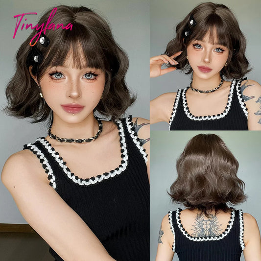 Curly Short Bob Brown Wavy Synthetic Wigs with Bangs Lolita Cosplay Brown Wig for Women Natural Daily Party Hair Heat Resistant