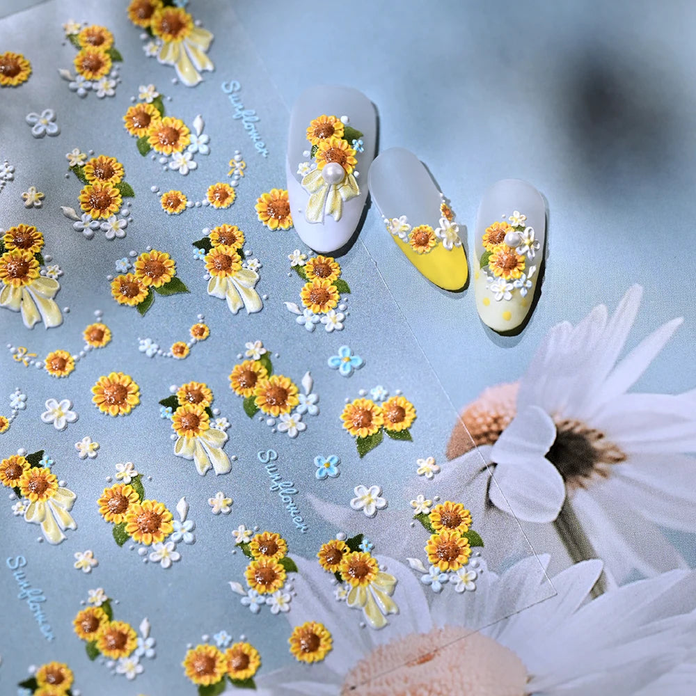 1 Sheet 5D Embossed Sunflower Nails Sticker Cute Spring Summer Floral Nail Decals Self-Adhesive Sunflower Nail Supplies DIY SW2$
