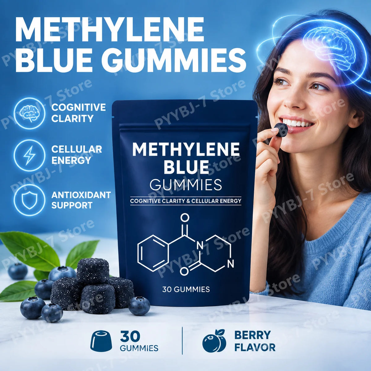 Methylene Blue Gummies with PQQ NAC Vitamin B2 & B3, Supports Cognitive Clarity & Cellular Energy Brain Nutrient for Adults 30Ct