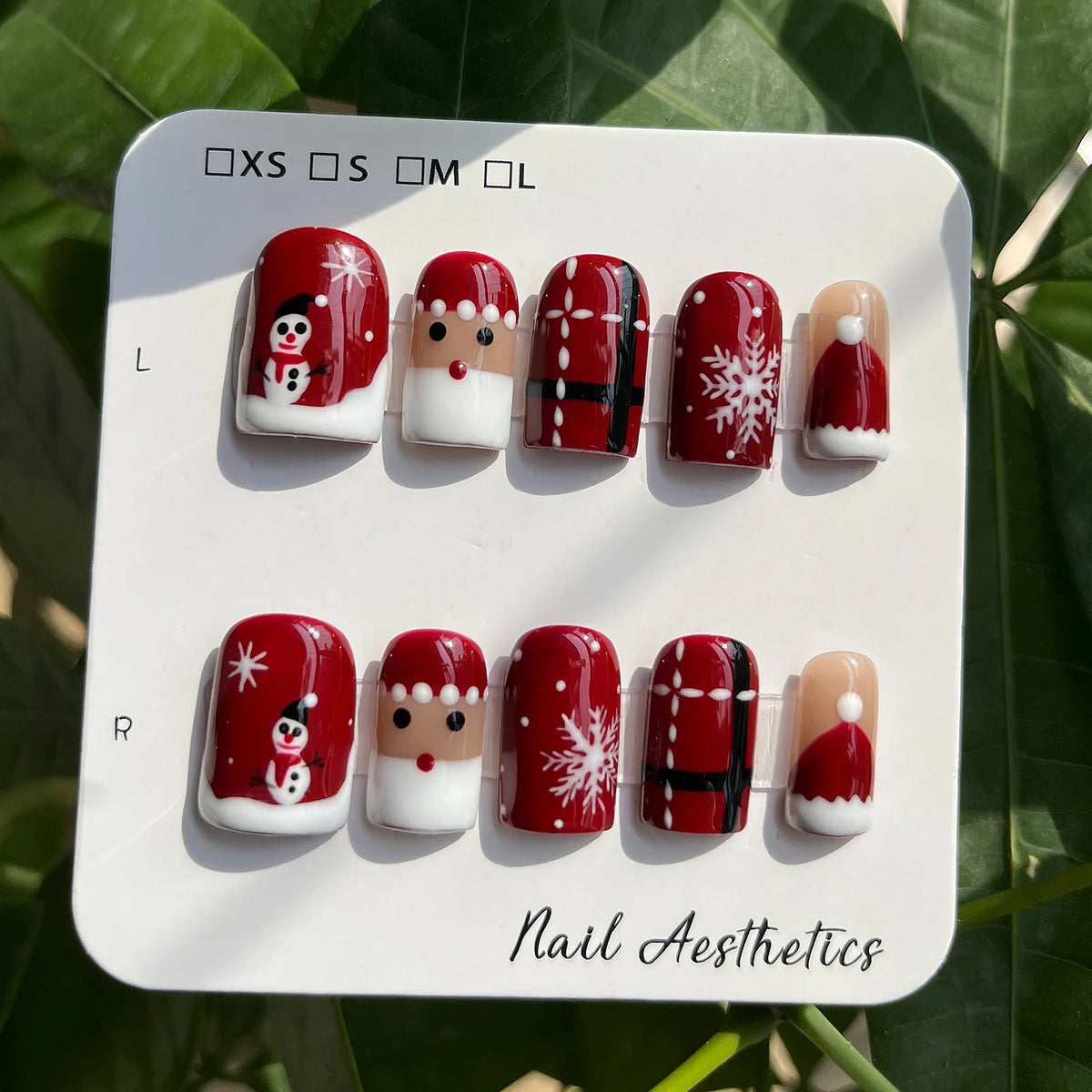 Handmade Short Square Press On Nails Christmas False Nails with Santa Claus Snowman Snowflake Design Reusable 10Pcs Xmas Party
