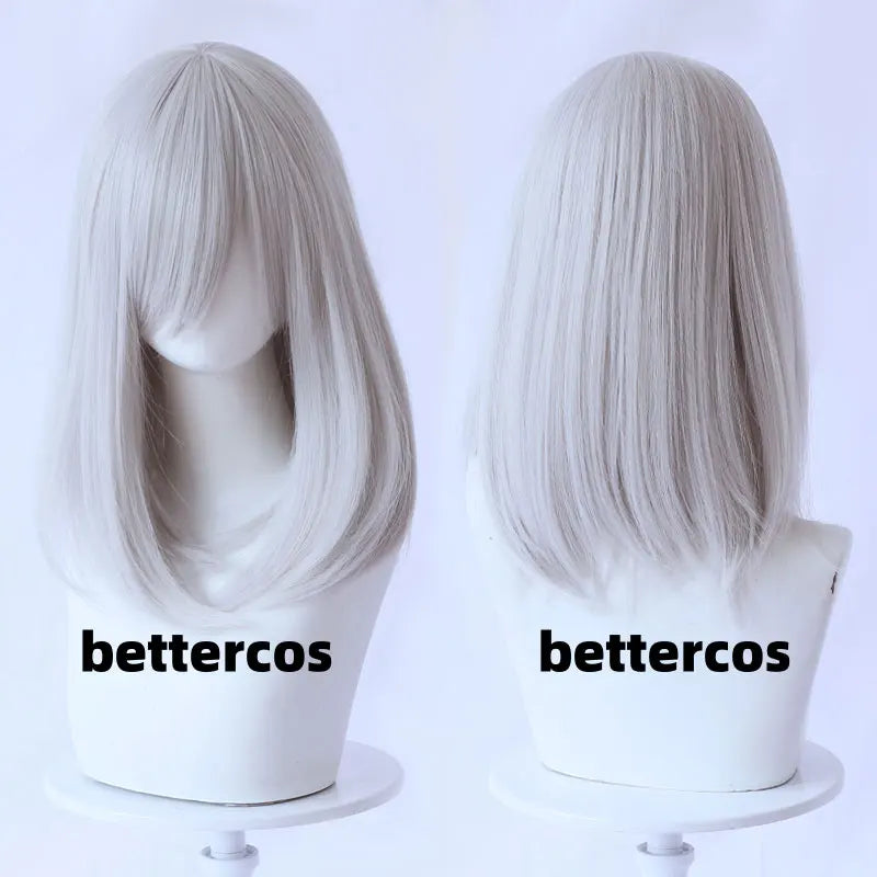 High Quality 40cm Medium Cosplay Wig With Bang Blond Pink Red White Gray Heat Resistant Synthetic Hair Wigs + Wig