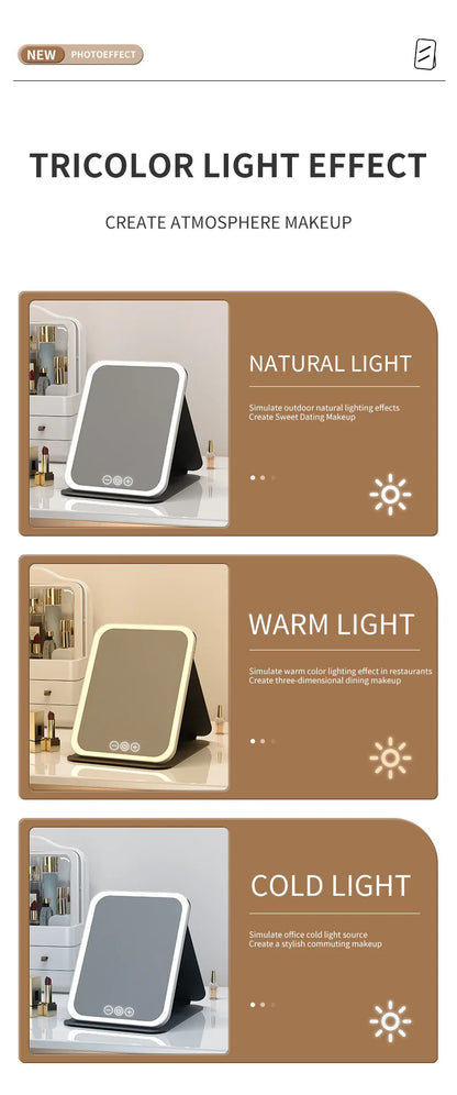 Makeup Mirror LED Dimmable Portable Foldable Design with Touch Screen 3 Colors Light Stepless USB Charging for Beauty Fashion