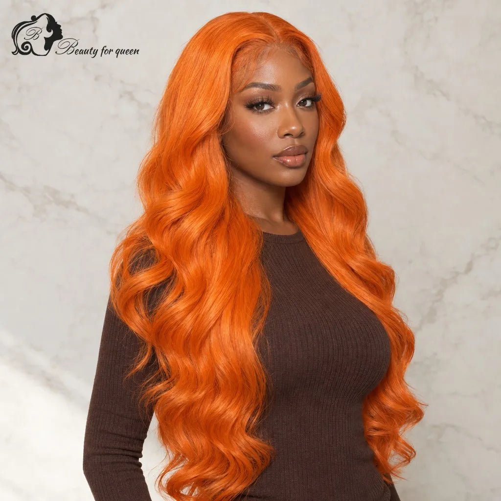 Tangerine Orange Body Wave Wig Long Bleached Knots Voluminous Luxe Glue And Go Bold Soft Brazilian Smooth Deep Parting Lustrous