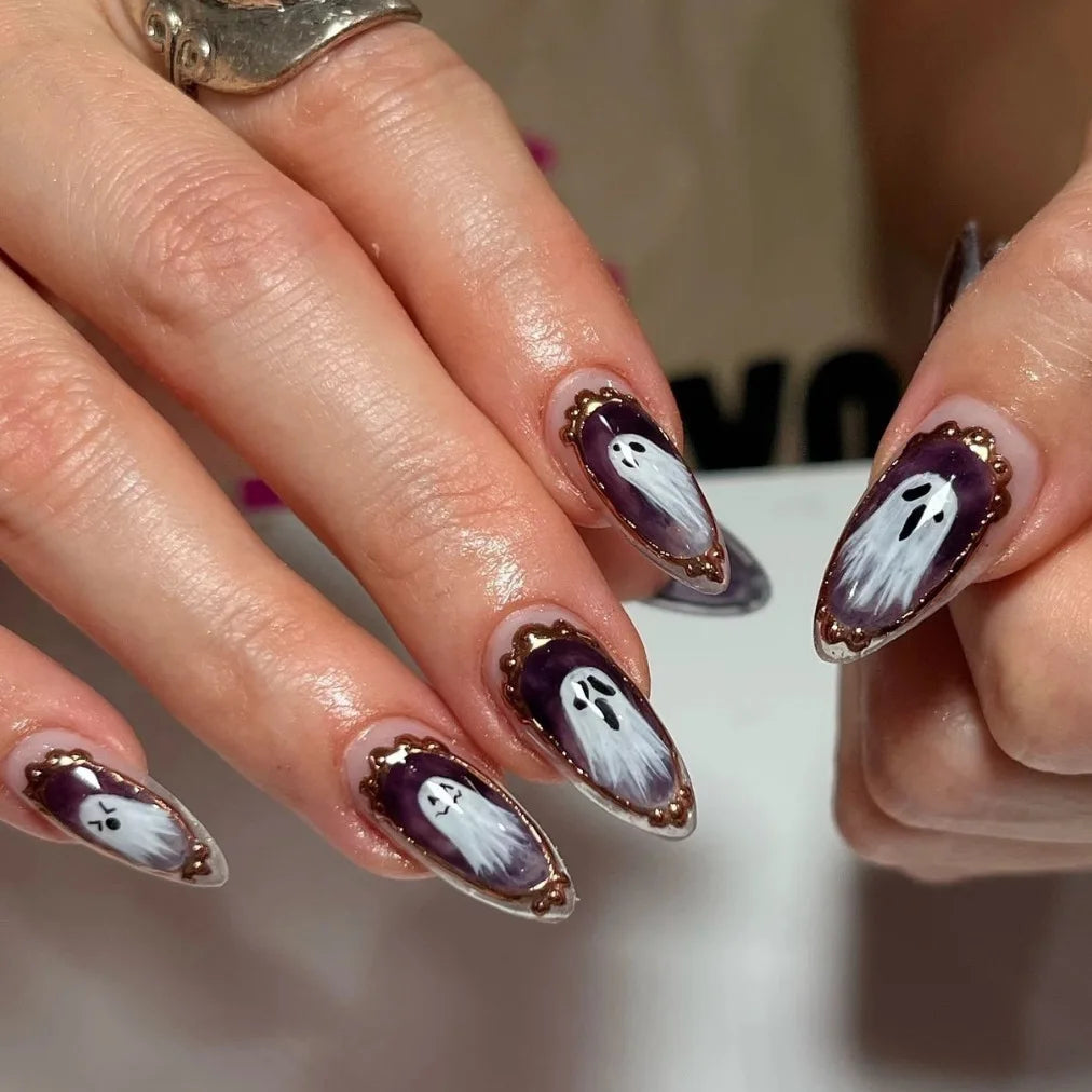 24pcs Glitter Pink Sequins Fake Nails 2025 Halloween Scary Skull Love Print False Nails Wearable European Ballet Press on Nails