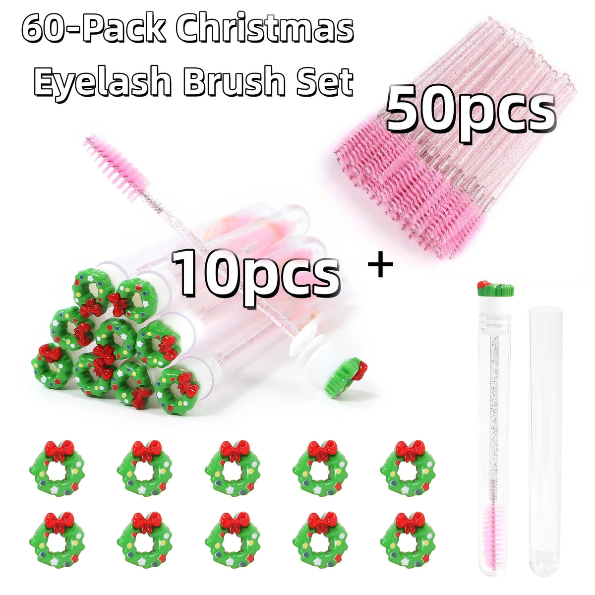 60Pcs Christmas Eyelash Brush with Tube Replaceable Mascara Wand Spoolie Dustproof Lash Tech Supplies Reusable Eyebrow Xmas Gift