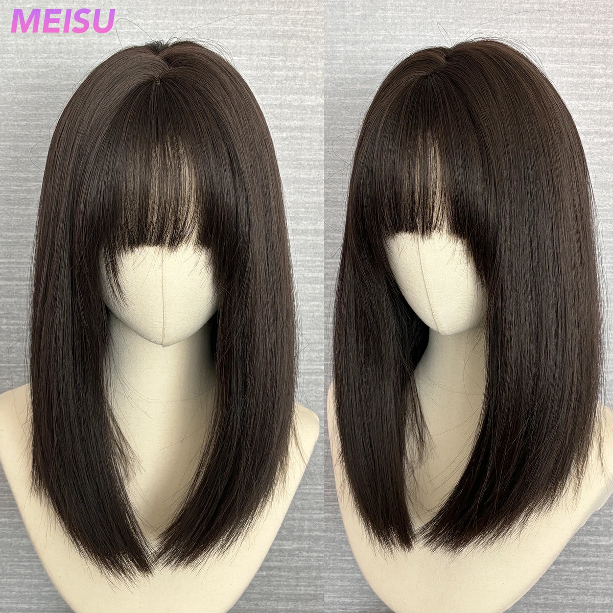MEISU 16 Inch Black Tea Synthetic Air Bangs Wig Straight Layered Straight Wigs Fiber Heat-resistant Party or Selfie For Women