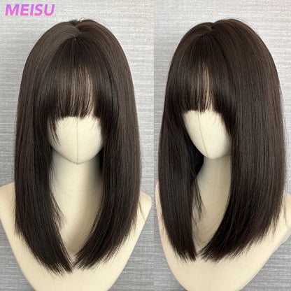 MEISU 16 Inch Black Tea Synthetic Air Bangs Wig Straight Layered Straight Wigs Fiber Heat-resistant Party or Selfie For Women