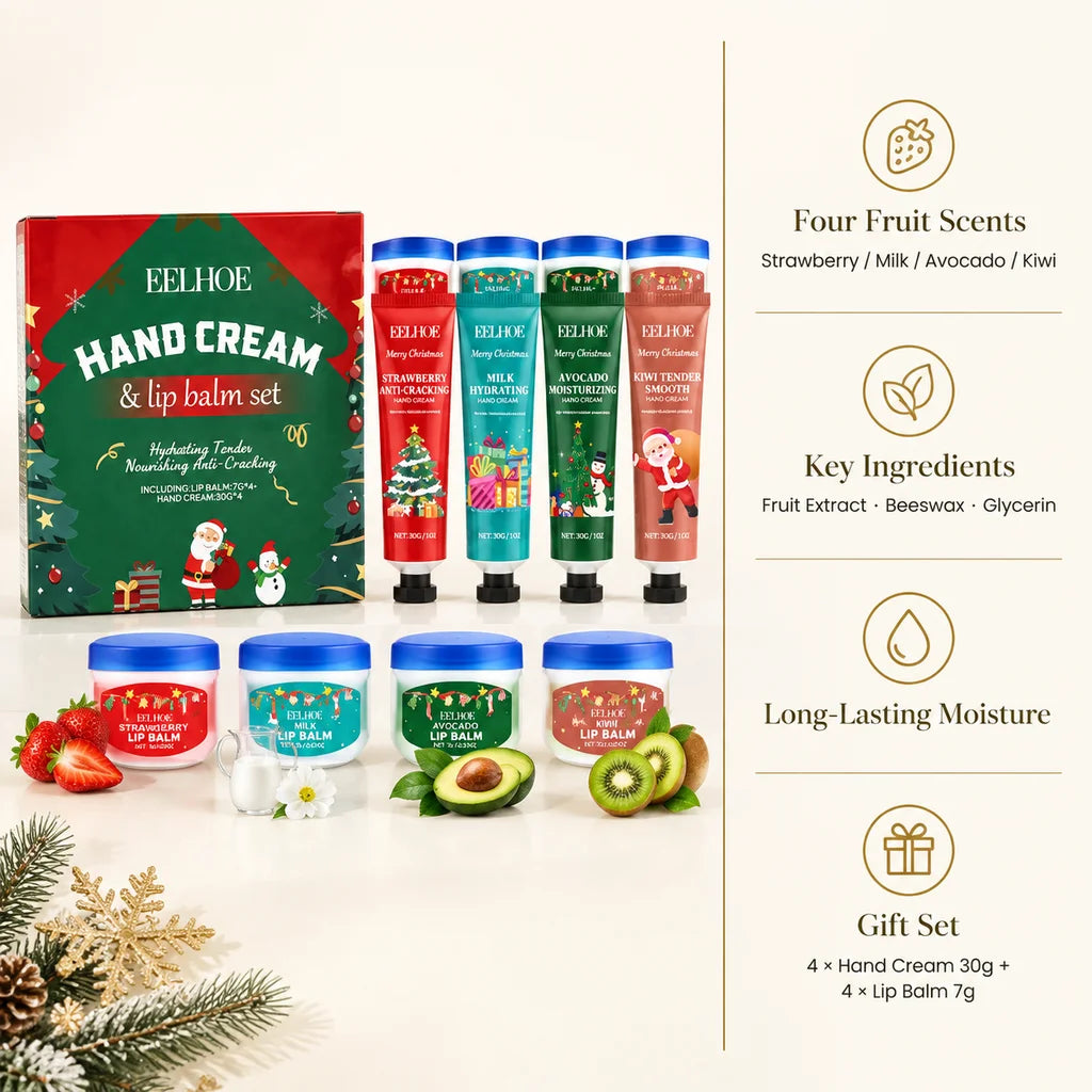Christmas 8 Pcs Hand Cream and Lip Balm Gift Set Fruit Scented Moisturizing Nourishing Skincare for Women Travel Size 8 Pieces
