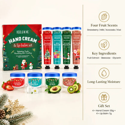 Christmas 8 Pcs Hand Cream and Lip Balm Gift Set Fruit Scented Moisturizing Nourishing Skincare for Women Travel Size 8 Pieces