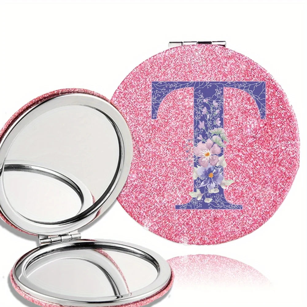 Women Folding Makeup Mirror Facial Beauty Makeup Care Tool Durable PU Surface Waterproof Ideal Party Gift Pink Flower Pattern