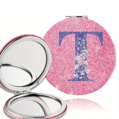 Women Folding Makeup Mirror Facial Beauty Makeup Care Tool Durable PU Surface Waterproof Ideal Party Gift Pink Flower Pattern