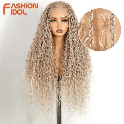 FASHION IDOL 13X4 Twist Box Braided Lace Wigs For Women Synthetic Lace Frontal Wigs Ivory White Faux Locs Goddess Braids Wigs