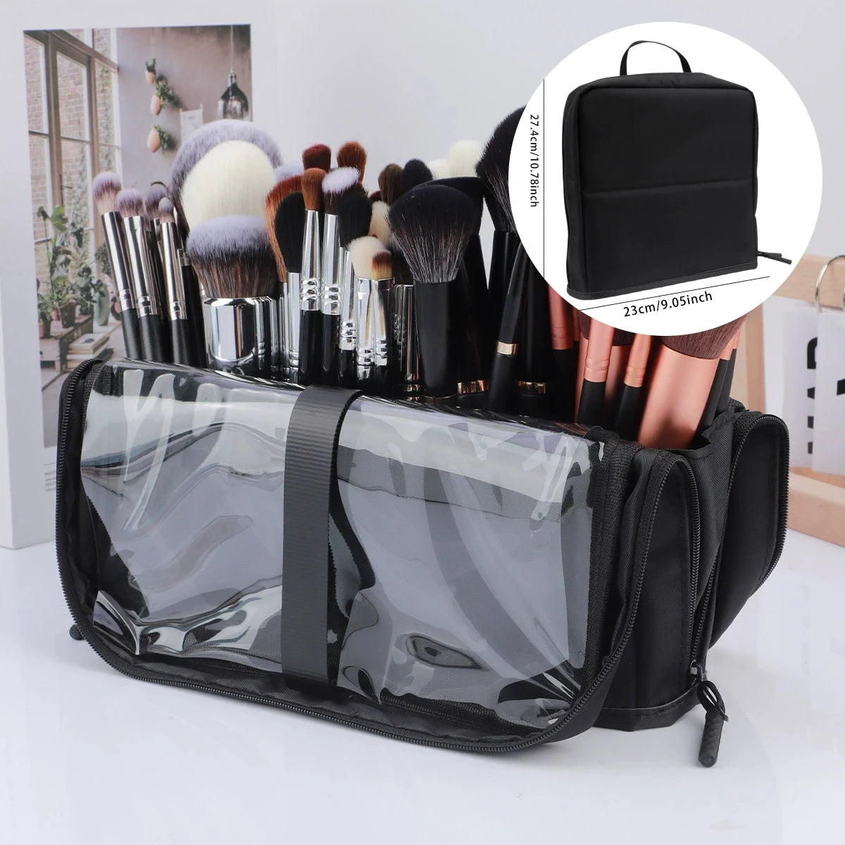 Large Black Foldable Makeup Bag 14-40 Hole Storage Organizer for Beauty Brushes Cosmetic Pouch with Handles