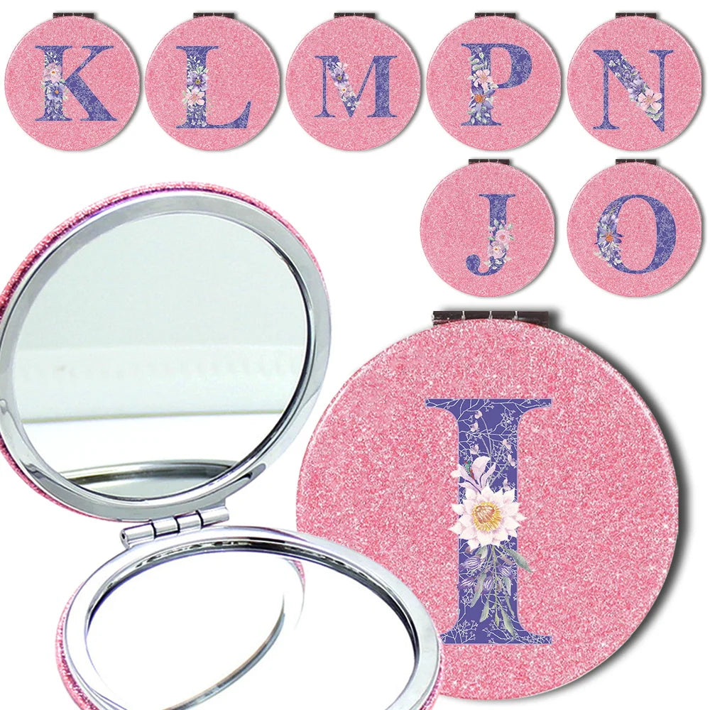 Women Folding Makeup Mirror Facial Beauty Makeup Care Tool Durable PU Surface Waterproof Ideal Party Gift Pink Flower Pattern