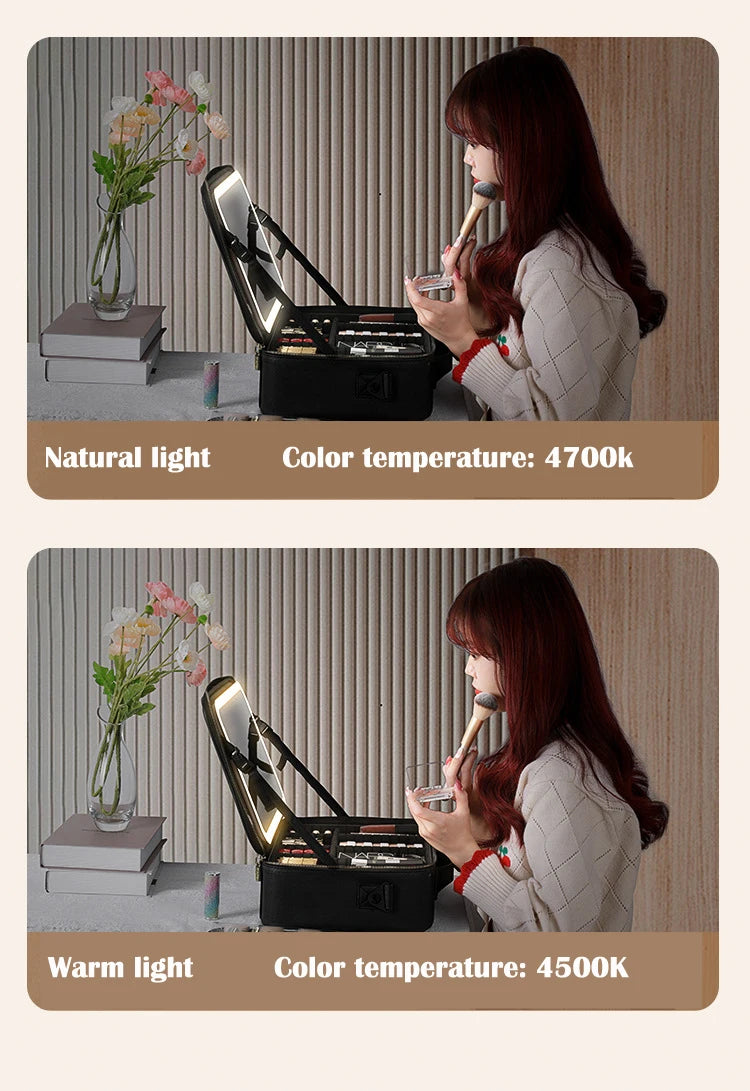 Cosmetic Portable Travel Storage Box With 2000mAh Led Rechargeable Vanity Bags Makeup Case With Led Light Mirror
