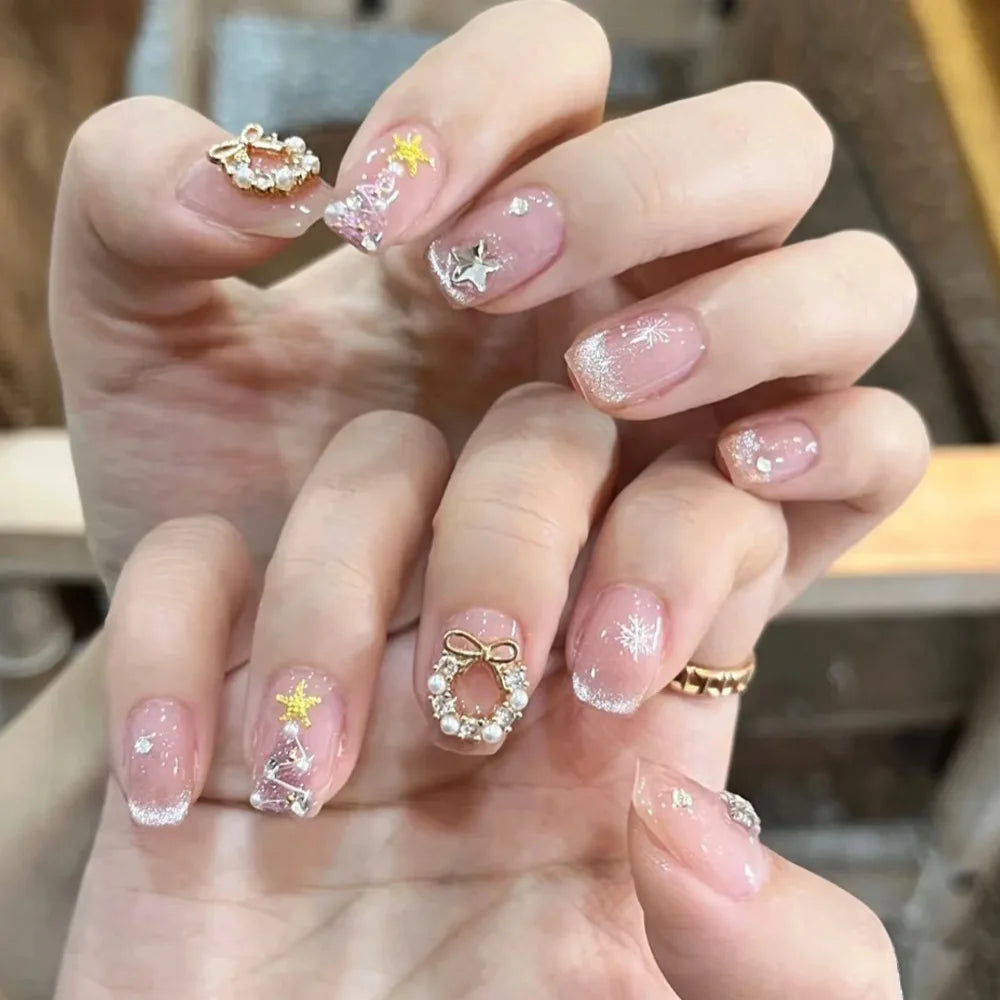 Luxury Christmas Wreath Nail Art Charms Pink Bow Pearl Diamond Gold Silver Alloy Nails 3D Decoration Jewelry for Manicure Design