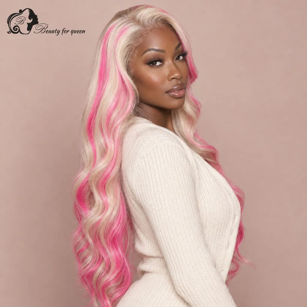 Radiant Platinum Pink Streak Ombre Human Hair Wigs Body Wave Long Premium Bouncy Lustrous Pre Plucked For Lady Vixen Glamorous