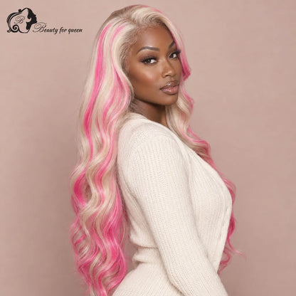 Radiant Platinum Pink Streak Ombre Human Hair Wigs Body Wave Long Premium Bouncy Lustrous Pre Plucked For Lady Vixen Glamorous