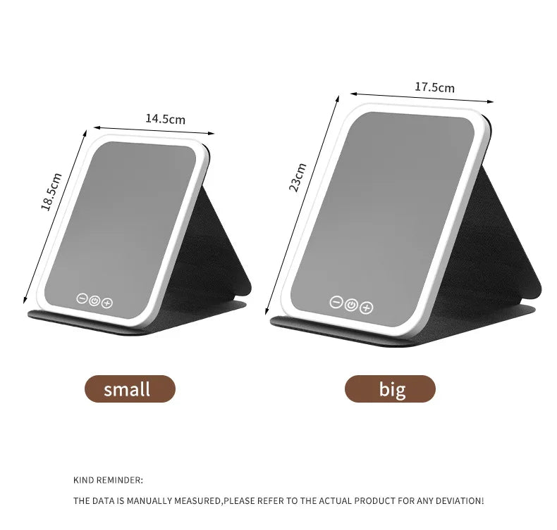 Makeup Mirror LED Dimmable Portable Foldable Design with Touch Screen 3 Colors Light Stepless USB Charging for Beauty Fashion