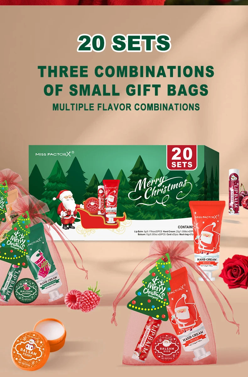 Christmas Assembly Gift Set - 20 Sets, Including Balm, Hand Cream, Lipstick, Red Gauze Bag, Christmas Tree Thank You Card