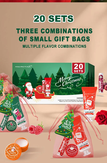 Christmas Assembly Gift Set - 20 Sets, Including Balm, Hand Cream, Lipstick, Red Gauze Bag, Christmas Tree Thank You Card