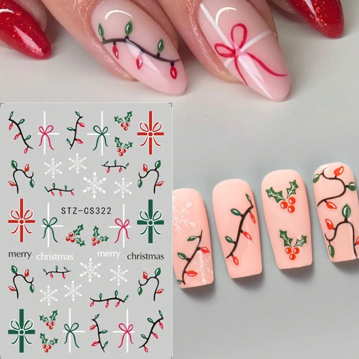 2PCS 3D Red Green Christmas Nail Stickers Holiday Snowflake Bow Berry Decals Winter Holiday Party Nail Art Supplies