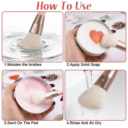 Deep Clean Makeup Brush Cleaner Soap Quick-Dry Heart Shape Cosmetic Sponge Cleaner Reusable with Silicone Mat Beauty Tool Washer