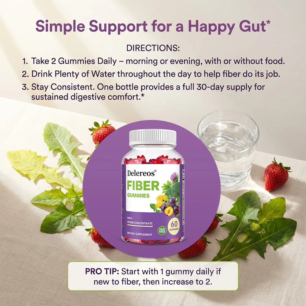 Sugar-Free Fiber Gummies - Spirulina, Milk Thistle, Digestive & Intestinal Health, Metabolism Boost, Natural Fruit Flavor