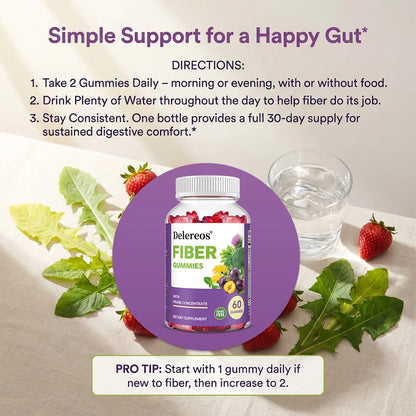 Sugar-Free Fiber Gummies - Spirulina, Milk Thistle, Digestive & Intestinal Health, Metabolism Boost, Natural Fruit Flavor