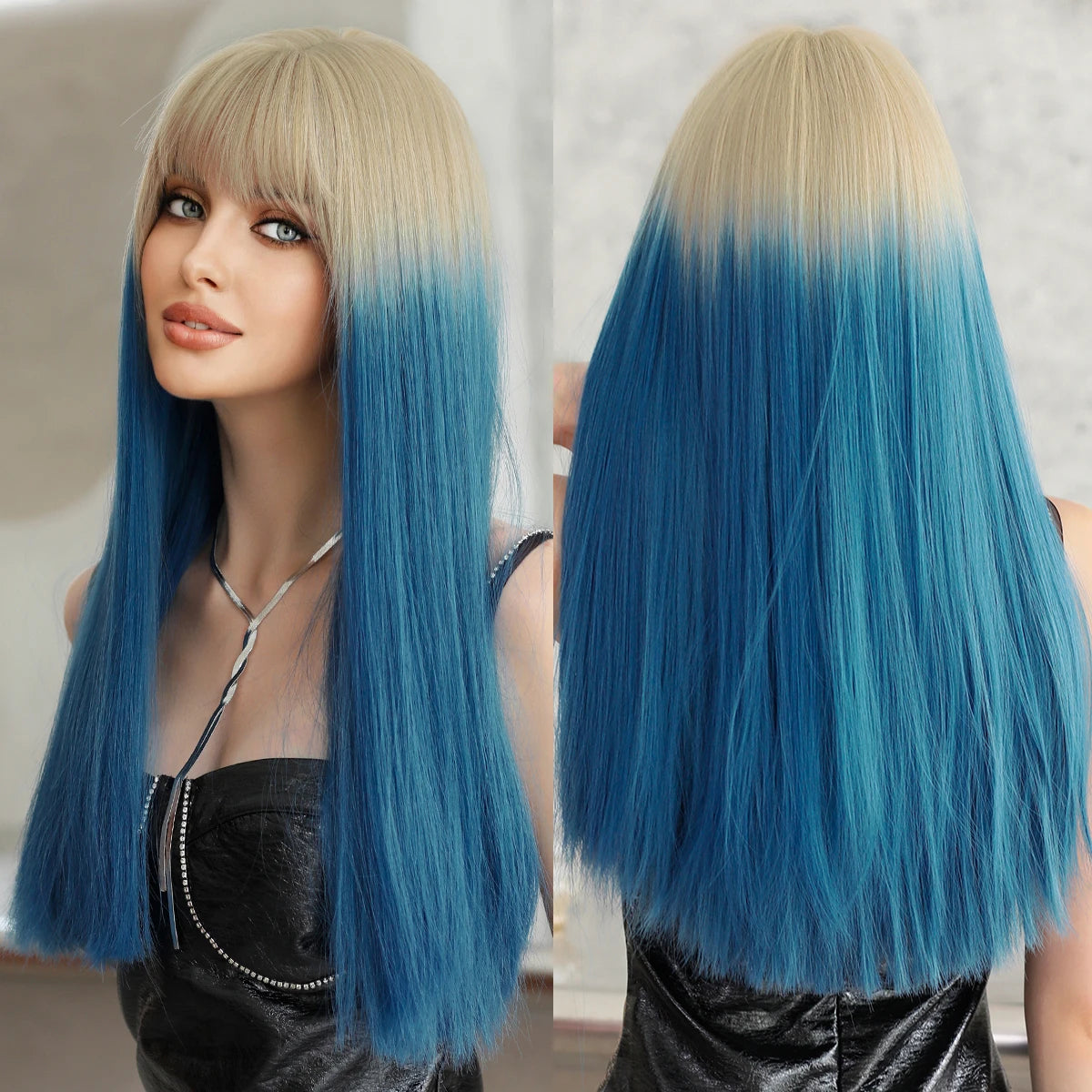 Long Straight Light Blonde Wig for Women Daily Party Highlight Brown Synthetic Layered Hair Wigs with Bangs Halloween Cosplay
