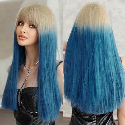Long Straight Light Blonde Wig for Women Daily Party Highlight Brown Synthetic Layered Hair Wigs with Bangs Halloween Cosplay