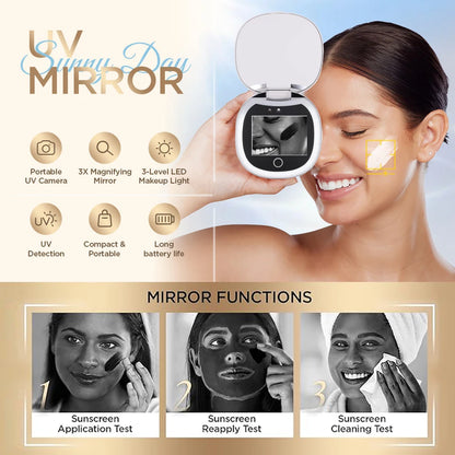 UV Mirror for Sunscreen Test Camera,Sun Protection Visualization Travel Makeup Mirror，with LED Light Compact Hand Mirror