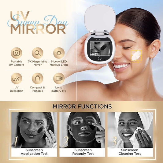 UV Mirror for Sunscreen Test Camera,Sun Protection Visualization Travel Makeup Mirror，with LED Light Compact Hand Mirror