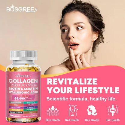 Multi-Collagen Biotin Keratin Skin Care-Women's Collagen Supplement-Hyaluronic Acid,Vitamins C&E- Skin,Hair,Nails&Joint Support