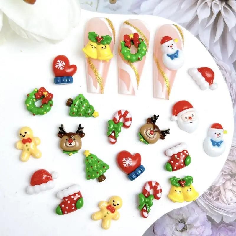 30PCS 3D Cartoon Santa Claus Elk Nail Charms Cute Snowman Dot Christmas Socks Nail Art Decorations for DIY Christmas Style Nails