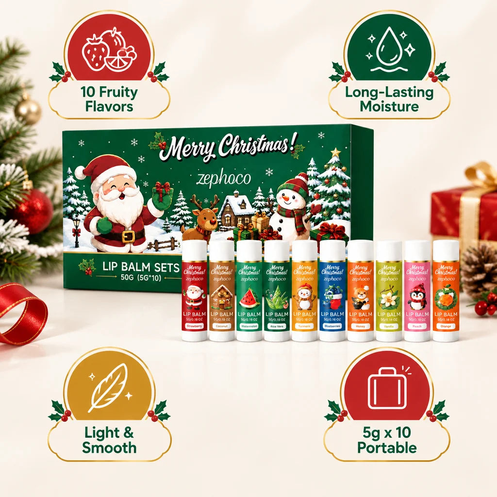 Christmas Lip Balm Set 10 Pack Fruit Flavored Moisturizing Gift Box for Chapped Lips Winter Care Women 50g Christmas Gift