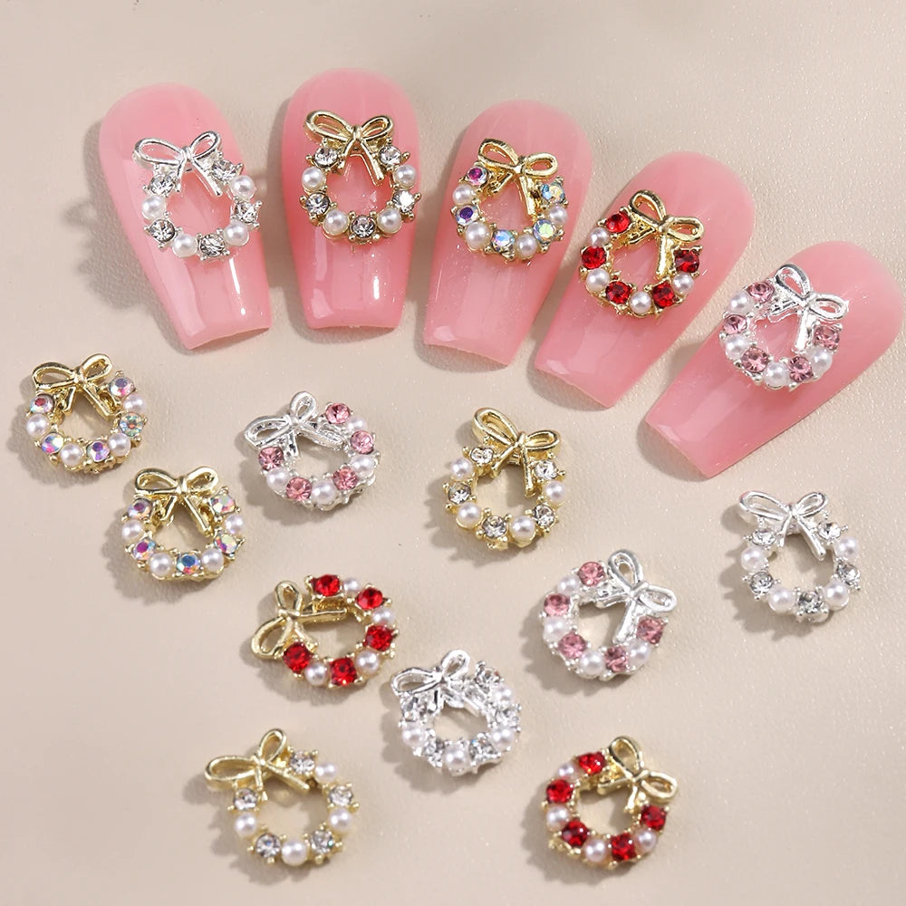 3D Christmas Nail Art Charms; Gold & Silver Bows and Wreaths; Cute Winter Designs for DIY Manicures and Salon Accessories